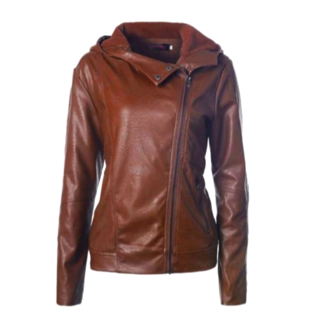 Women hoode PU leather jacket
